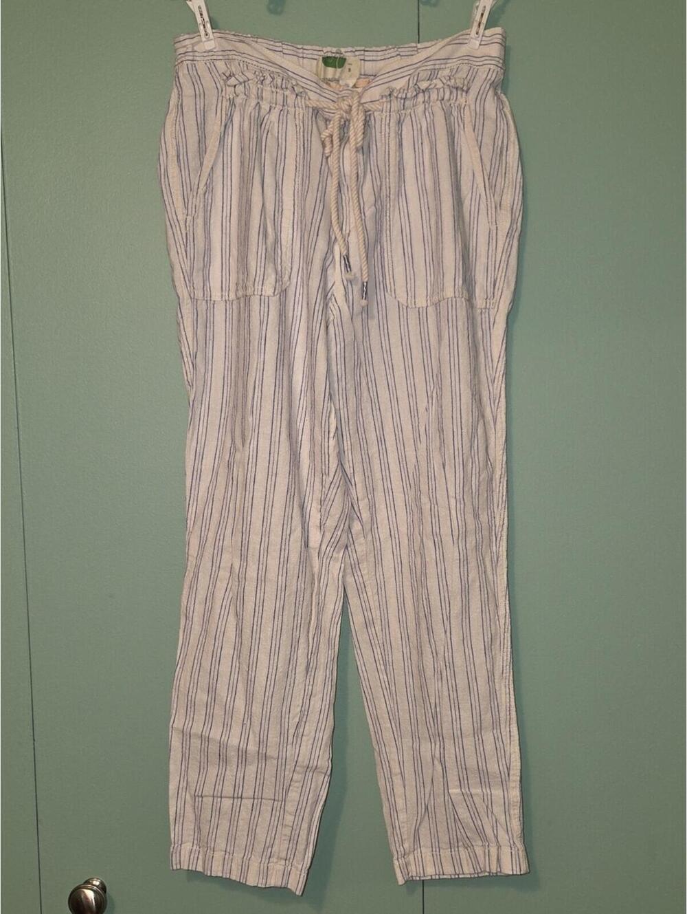 Anthropologie Linen Blend Striped White And Blue Pant Size Small
